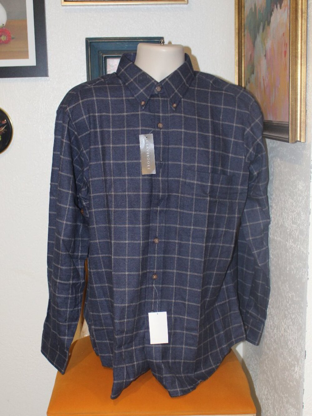 Claybrooke Men’s Navy Windowpane Plaid Button Down Shirt NWT Large
